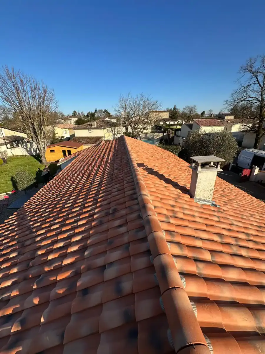 Faîtage de toiture en tuiles neuves et souche de cheminée reprise, au-dessus d'un village girondin