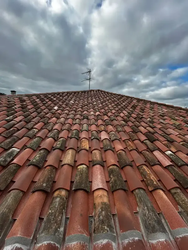 Toiture ancienne dont les tuiles patinées ont été conservées lors de la réfection